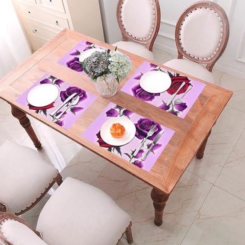 Set de table rectangulaire PVC tissé roses rouges et violettes - 3