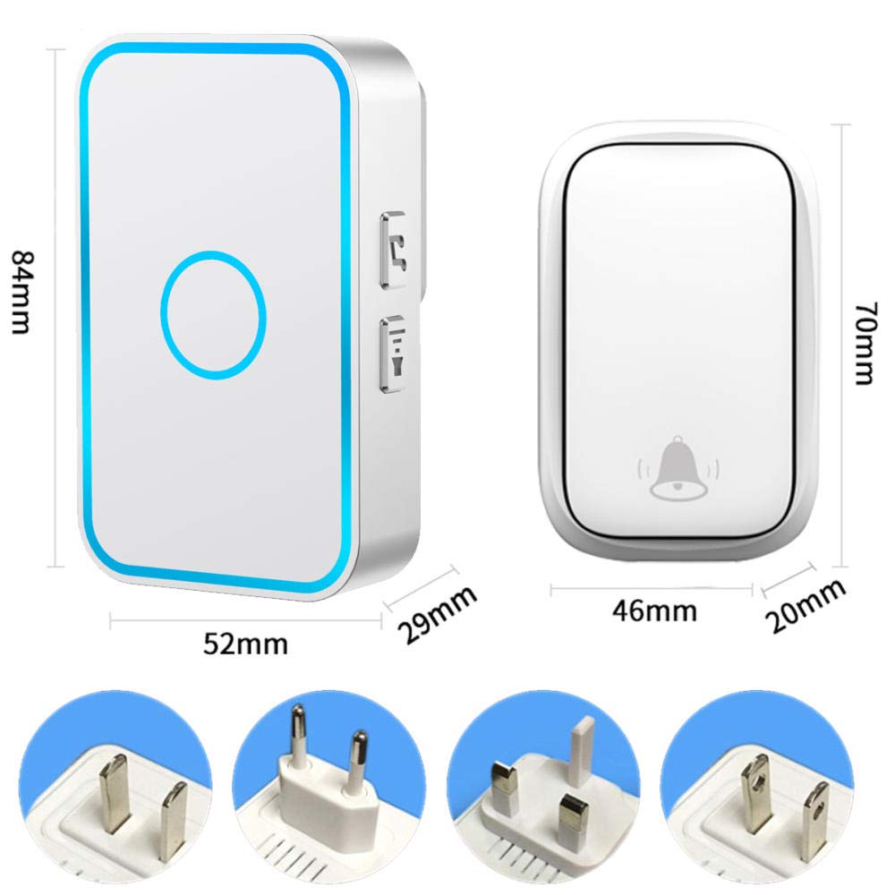 『No requiere batería』Timbre inalámbrico IP55 resistente al agua, kit de timbre de puerta con 1 receptor enchufable y 2 transmisores autoalimentados de prensa, rango de trabajo de 656 pies (200 m), 6