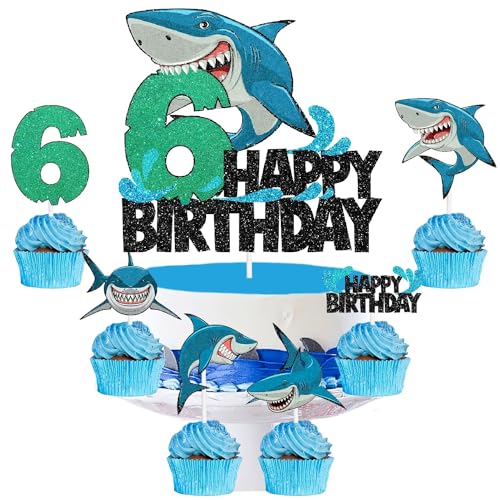 Juego de 7 adornos para tartas de cumpleaños con temática de tiburón blanco para niños - Perfecto para una gran fiesta de cumpleaños temática de tiburón blanco o decoración de fiesta temática del