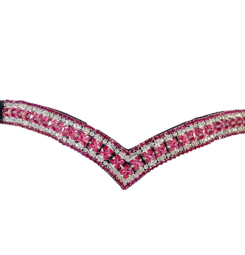 BENZ EQUESTRIAN Fuchsia Pink Crystal V-Shaped Horse Browband in Black Leather (Extra-Full/Extra-Large , Black)
