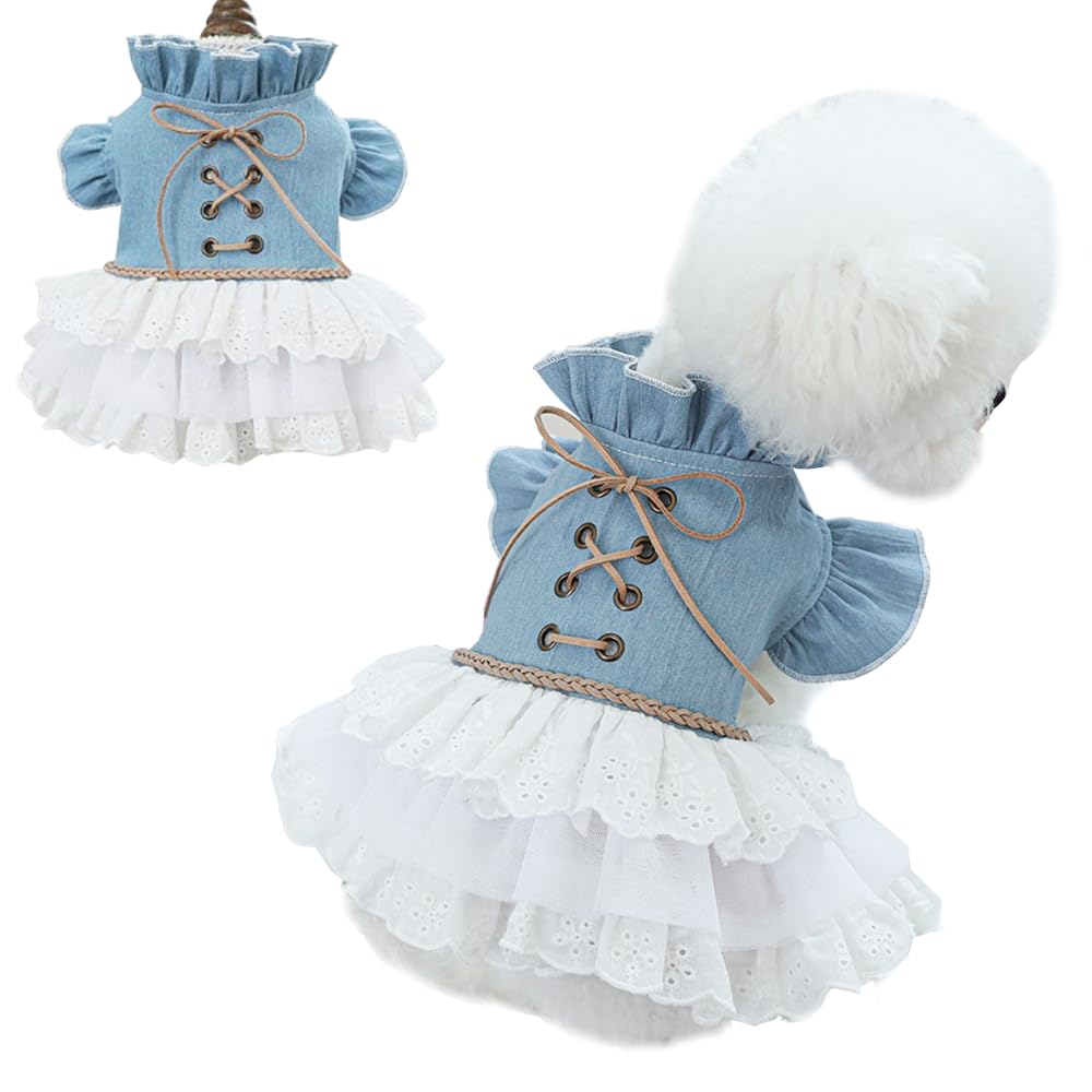 MQQYLBHDS Girl Dog Denim Dress with Flared Sleeves Dog Jeans Jacket Blue White Puppy Clothes for Small Dogs Cat Apparel Cake Skirt Pet Outfit (Blue, X-Small)