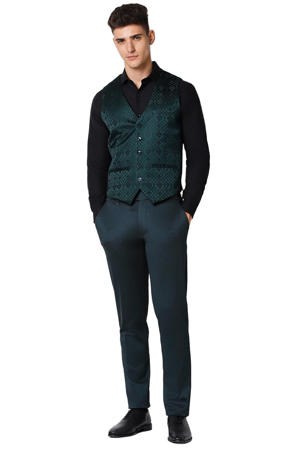 Men Green Textured Ultra Slim Fit Formal Three Piece Suit