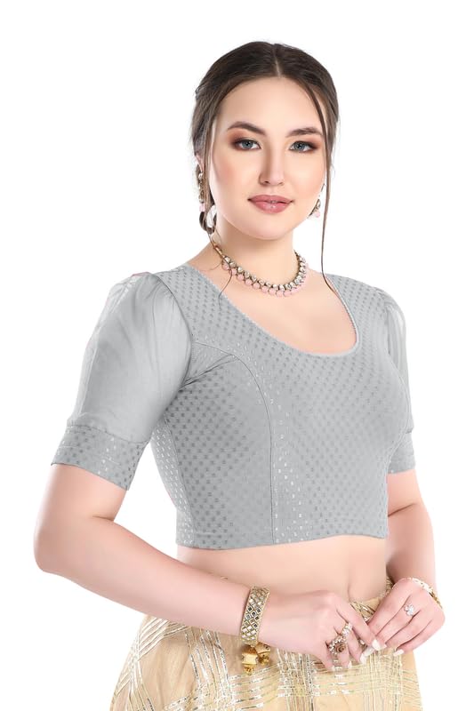 Image of FINESTFIT Stay On Trend Fashion 100% Cotton Readymade Blouses for Women,Round Neckline with Organza Balloon Sleeves.