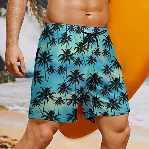 Mens Swim Trunks With Compression Liner, 7 Inch Inseam Stretch Quick Dry Swim Trunks For Men Swimming Trunks, Sea Palm Tree Leaf Mens Board Shorts Swimwear Bathing Suit Beach Shorts, 3X-Large #TOP6