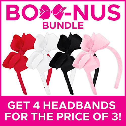 Miniatura 2 de Wee Ones Diademas clásicas de grogrén para niñas con lazos de grogrén y un centro de envoltura lisa, paquete de 4, lazos medianos, rojo, blanco,