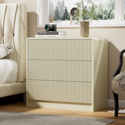 Image of Furniway 32 inch Nightstand with 3 Drawers, Modern Bedside Table with Storage, Large Night Stand for Bedroom, End Table for Living Room, Beige
