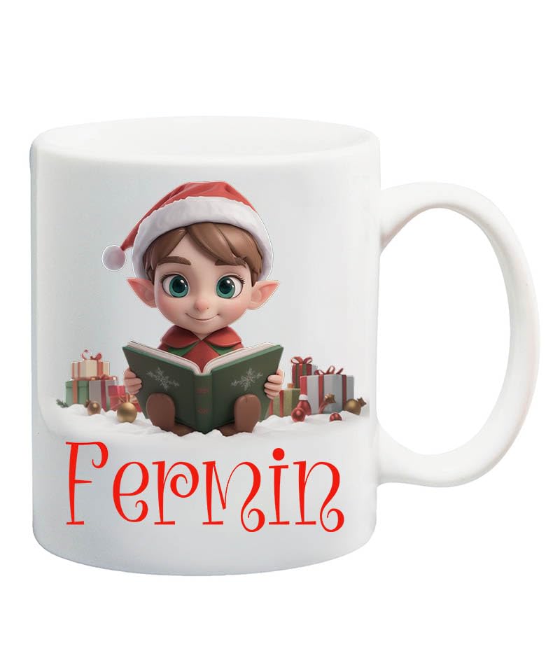 Custom Christmas Reading Elf Coffee Mug, Personalized Name Christmas Fermin Personalized Name Elf Christmas Coffee Mug Cup Gifts for Kids Baby, Elf