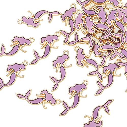 Image of Pack of 80 Mermaid Violet Enamel Charms Gold Plated Colored Pendants Hawaii Style Accessories for Necklace Bracelet Jewelry Making DIY Crafting