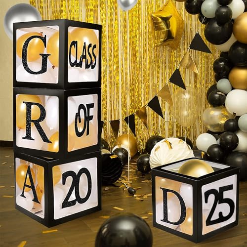 Cajas de globos para fiesta de graduación 2024, paquete de 4 cajas de globos negras con letras de GRAD, clase de 2024 y orgulloso de ti para decoración de fiesta de graduación de escuela secundaria