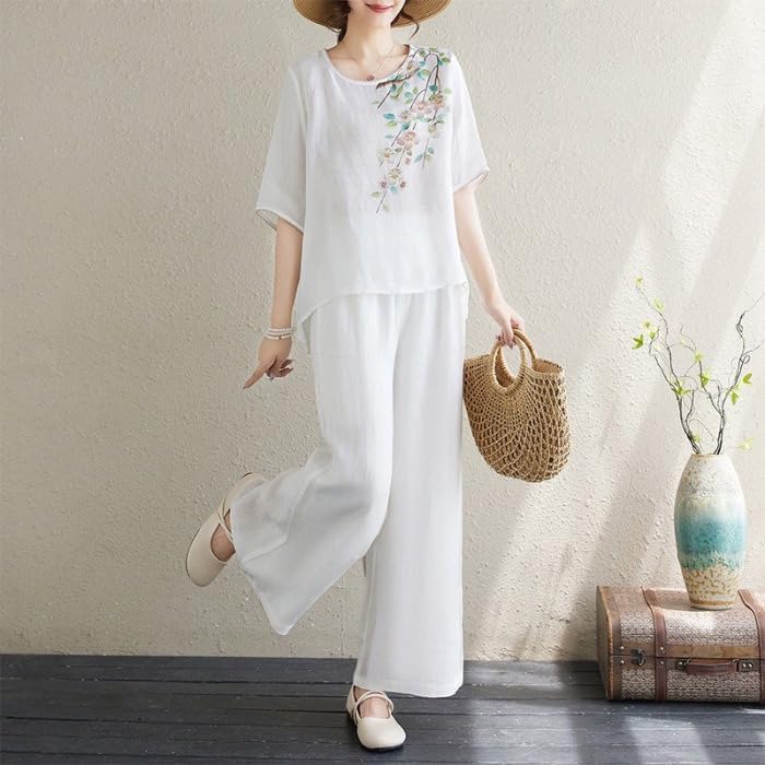 Women Printed Cotton Linen Two Piece Set Pullover Top Pants Casual Outfit