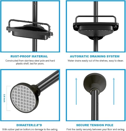 Frdecon Rustproof Shower Caddy Corner For Bathroom, 4-Tier Tension Pole Stainless Steel Shower Organizer, 56 To 117 Inch Adjustable Bathtub Shower Shelf Storage With 1 Tower Bar, Black #TOP6