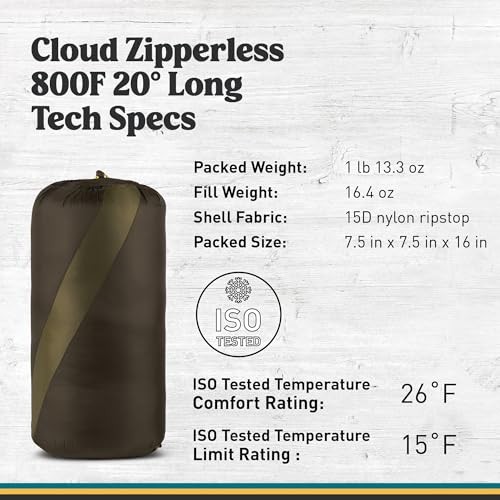Image of Sierra Designs Cloud 20 Degree DriDown Sleeping Bag Ultralight Zipperless Down Sleeping Bag for Backpacking and Camping