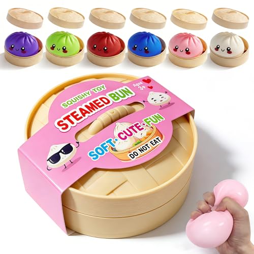 Dumpling Squishies,3.4inch Colorful Dumpling Stress Balls, Fidget Sensory Toy, Squeeze Dough Ball Stress Relief Hand Toys with Food Steamer, Dumpling Squishy Mystery Box, 6 Colors Random(1pack)