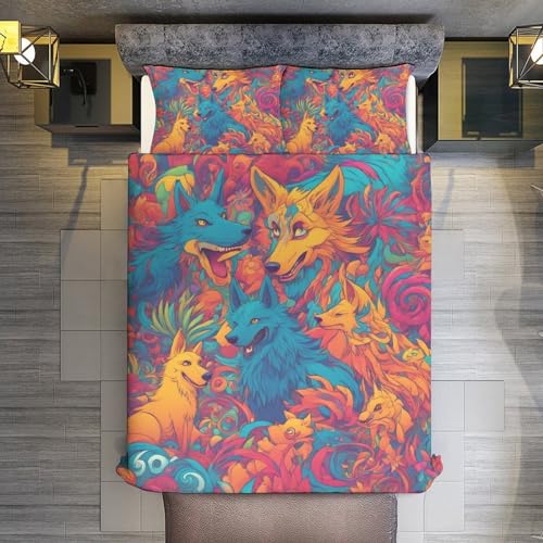 ZGDPBYF Conjunto de cama queen size, colcha de lobo animal selvagem, animais da selva psicodélicos,