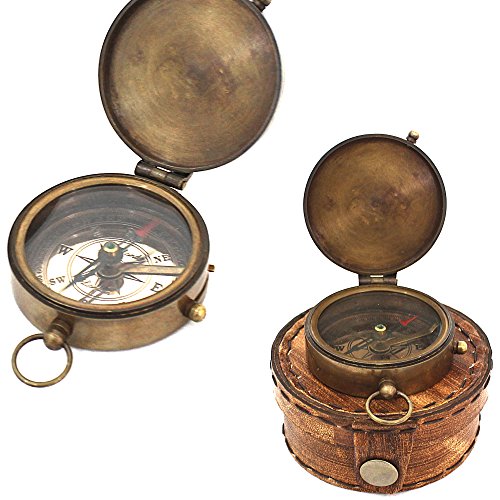 Brújula de navegación marina de latón con estuche clásico de cuero naranja instrumento náutico magnético vintage herramienta de navegación y adorno decorativo