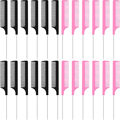 24 Pieces Hair Parting Comb Stainless Steel Pintail Comb Rat Tail Comb Teasing Combs Heat Resistant Teasing Comb Fine Tooth Teasing Combs for Hair Salon Hairdressing Styling (Black, Pink)