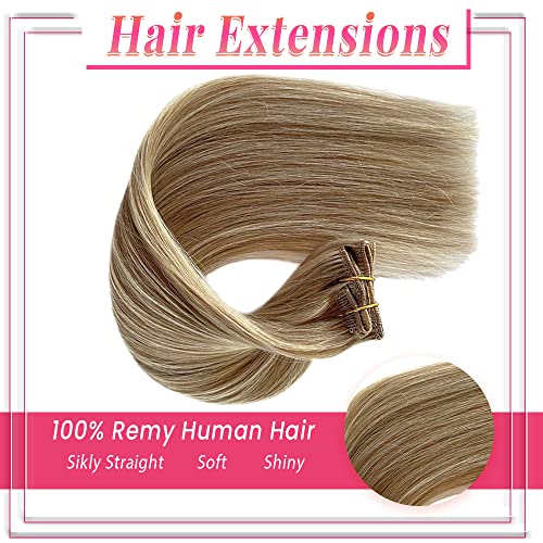 Image of Hair Extensions Real Human Hair, Clip in Human Hair Extensions Light Blonde and Golden 18Inch Remy Hair Extensions Highlights Clip on Extensions 7 Pieces 70Gram