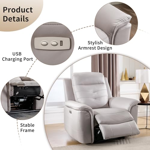 Image of ANJ Power Recliner Chair for Adults with USB Charging, Breathable Faux Leather Oversized Electric Recliners, Single Overstuffed Heavy Duty Reclining Sofa Chairs for Living Room, Beige
