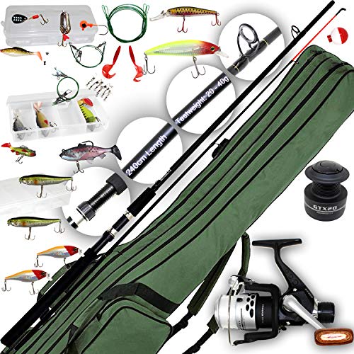 QM Basic Angel-set | Spinnrute 2,4m + Rolle + Rutentasche 155cm + 3 x Köderbox mit Wobbler, Shads, Popper und vieles mehr