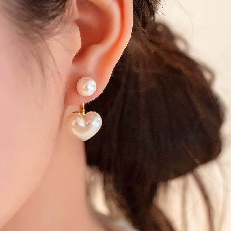 Boho Heart Pearl Ear Jacket Earrings Gold Pearl Heart Studs Earrings Pearl Front Back Earrings Love Heart Earrings Jewelry for Women - Image 3