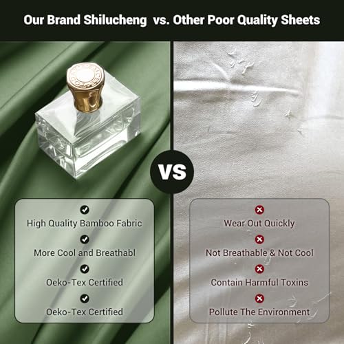 Image of Shilucheng 4 Piece Queen Sheet Sets, Cooling Sheets, Blend Rayon Derived from Bamboo, Deep Pocket Up to 16 inch, Breathable & Soft Bed Sheets, Hotel Silky Bedding Set, Olive Green