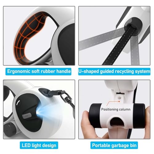 Einziehbare Hundeleine, 5m Hundeleine mit LED-Licht, Rollleine für Hunde bis 50kg, Robuste Haustierleine, Hundetrainingsleine, Hundekotbeutel Spender, Chew Proof Hundeleine für Nachtspaziergänge