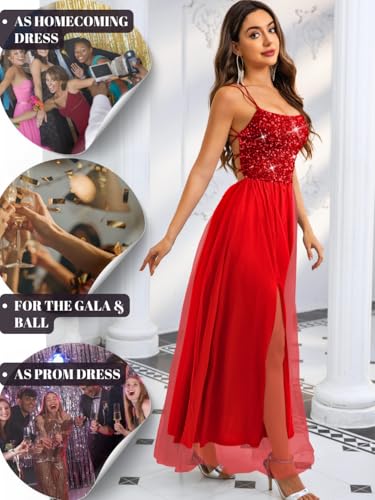 Image of ShawGobow Tulle Prom Dress with Slit,Sequin Backless Long Flowy Dresses for Women,Sexy Sparkly Outfits Homecoming Wedding