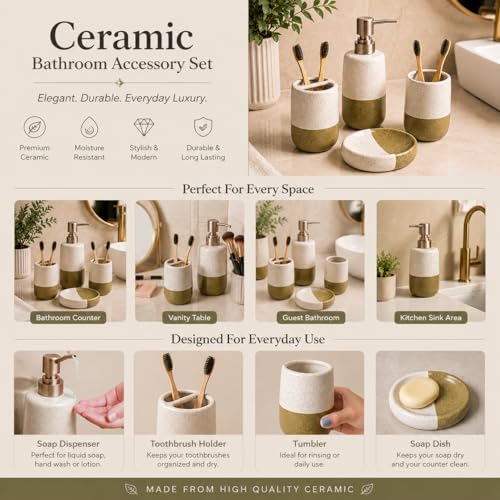Image of Market99 Ceramic Bathroom Set Matte White and Green with Sophisticated Two-Tone Design, Includes Soap Dispenser, Tumbler, Toothbrush Holder, and Soap Dish for Coordinated Bathroom Style, 350ML