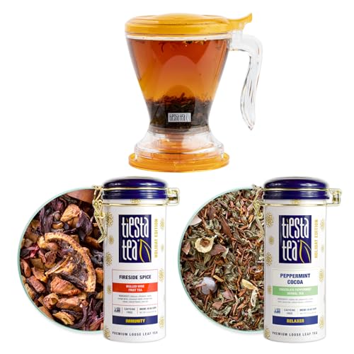 Image of Tiesta Tea - Brewmaster and Cozy Fireside Tea Gift Set, Non-Caffeinated Loose Leaf Holiday Tea Blends with Infuser, Includes 16oz Tea Infuser & 2 Refillable Tins, Fireside Spice & Peppermint Cocoa