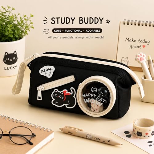Image of Alokik Happy Cat Black Pencil Pouch for Girls & Boys, Large Capacity Multi-Compartment Zipper Pencil Case with Transparent Display Window & Front Pocket Organizer (Happy Cat - Black)