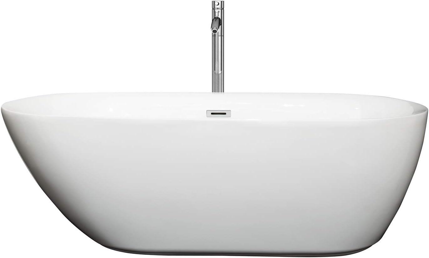 Wyndham Collection Melissa 65 inch Freestanding Bathtub for Bathroom in White with Floor Mounted Faucet, Drain and Overflow Trim in Polished Chrome