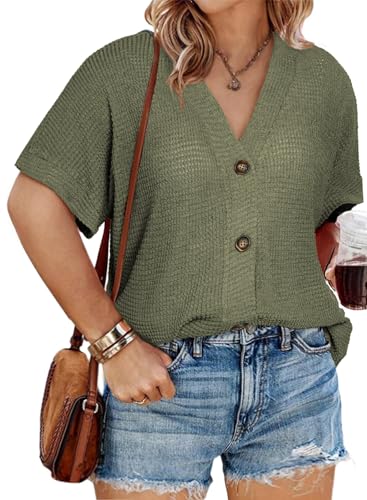 Image of Eytino Womens Plus Size Tops Casual V Neck Short Sleeve Waffle Knit Button Down Shirts(1X-5X)