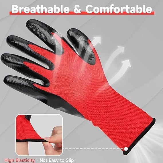 50 Paar Arbeitshandschuhe Herre,robuste & komfortable Gartenhandschuhe Herren,Arbeitshandschuhe Damen,Mechaniker Handschuhe mit Latex Beschichtung für Heimwerken Gartenarbeit(Rot und Schwarz)