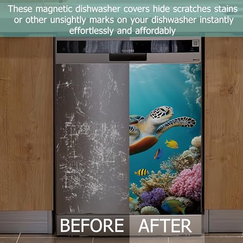 Image of Sea Turtle Refrigerator Magnet Cover,Ocean Fish Coral Washable Dishwasher Magnets Decorative Cover,Home Kitchen Decorative Dishwasher Front Panel Cover 23x26 Inch