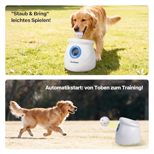 Pet Prime Automatischer Ballwerfer für Große Hunde, Ballwurfmaschine mit 3 Distanzstufen 3-20M Ballmaschine mit 6x6,35cm ETPU Bällen, Wiederaufladbar, Pfeife (Upgrade ETPU-Bälle Werfer für Großhunde)