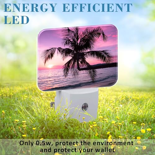 Image of Beautiful Purple Pink Sunset Night Light Tropical Palm Tree Nightlight Plug into Wall with Dusk to Dawn Sensor for Kid Girls Boys Women Men Room, Hallway, Kitchen, Bathroom, Stairs Decor