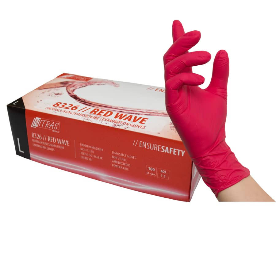 Nitras 8326-L RED WAVE Nitril Einmal Handschuhe, Rot, L Größe, 1000 Stück