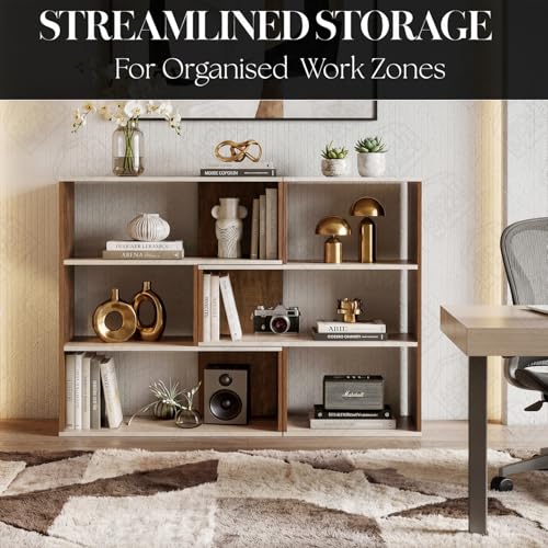 Image of ABOUT SPACE Book Shelf for Home Library-Rectangle /L-Shaped Rack for Storage 2 Ways 6 Compartment Book Stand Shelf for Bedroom, Livingroom Decor, Plants and Books (Oak White&Walnut-L128 x B30 x H85 cm)