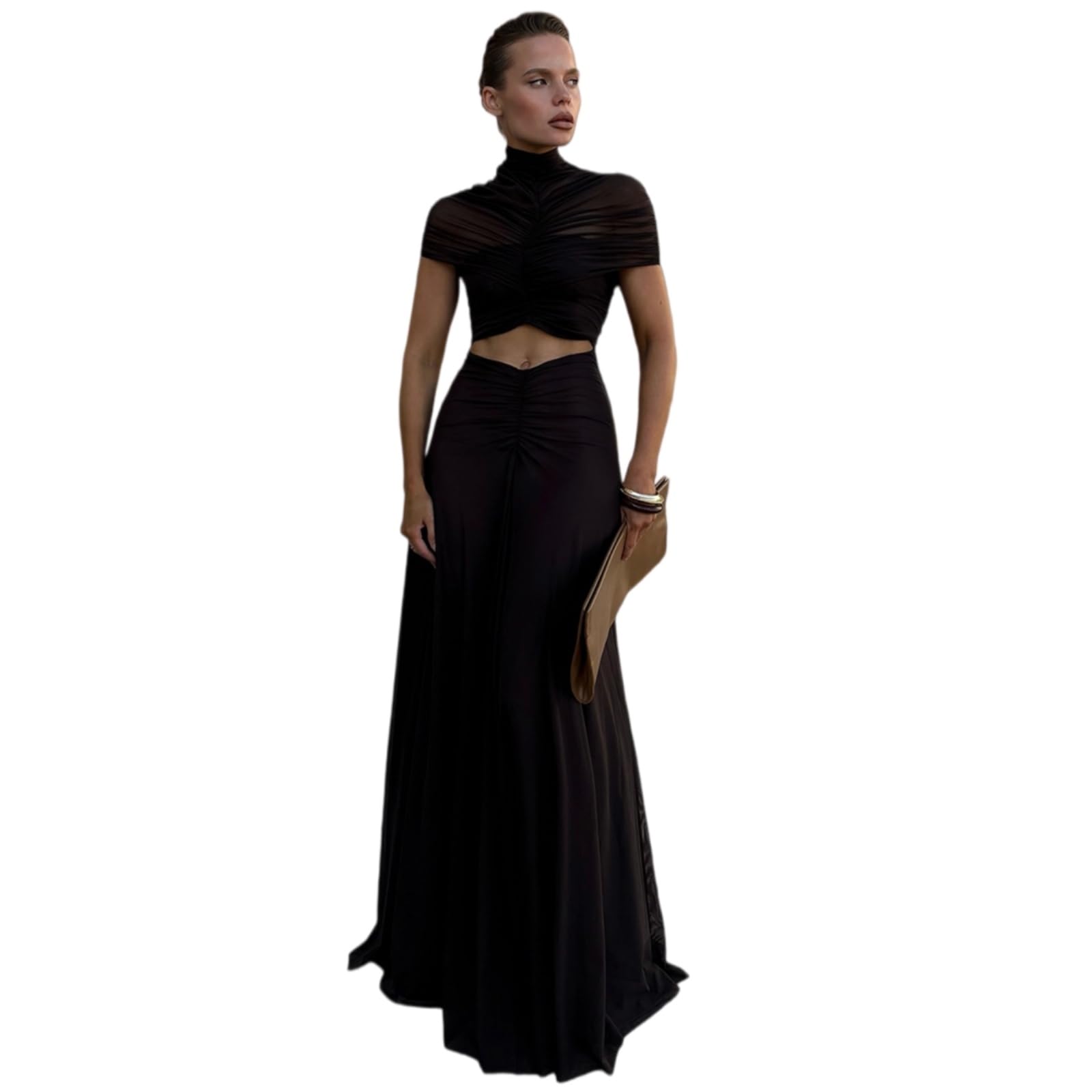 Vestito Sexy Donne Cave out Maxi Abito O Collo Manica Corta Ruched Alta Vita Bodycon Party Club Lungo Vestidos-Black-s