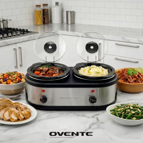 Image of OVENTE Double Slow Cooker, 3Qt Buffet Server, Silver SLO215BR | Dual 1.5Qt Pots, Adjustable Heat Control, Easy to Serve & Clean, Perfect for Entertaining, Space-Saving Design