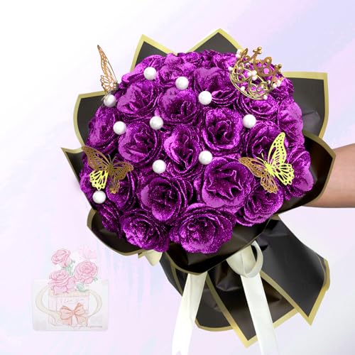 Roses artificielles à paillettes violettes en lot de 36 bouquets pour décoration