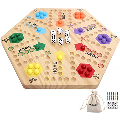 Medikaison Original Marble Game Wahoo Board Game Double Sided Painted Wooden Fast Track Board Game for 6 and 4 Players 6 Colors 24 Marbles 6 Dice for...