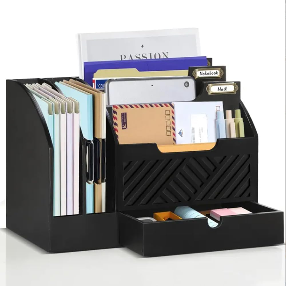 Wood Desktop Mail Organizer, Fantasyon Mail Organizer Countertop with 6 Compartments and Drawer, Wood Desk Drawer Organizer for File Letter Paper Folder, Black