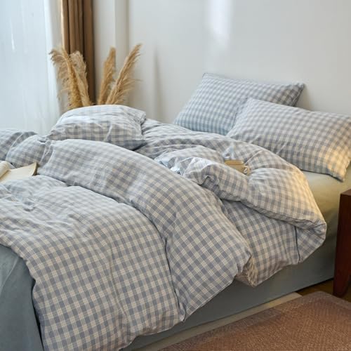 Image of EAVD Vintage Style Blue&White Plaid Gingham Duvet Cover Full Soft 100% Washed Cotton Chic Grid Checkered Bedding Set with 2 Pillowcases Farmhouse Blue Plaid Duvet Cover with Zipper Closure