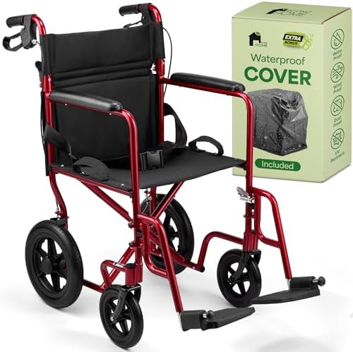 EconoHome Light Weight Wheelchair - Expedition Folding Transport Wheelchairs for Adults with Hand Brakes - Portable Ultra Lightweight Wheel Chair - Fully Assembled, Cover Included - 300 lb Capacity