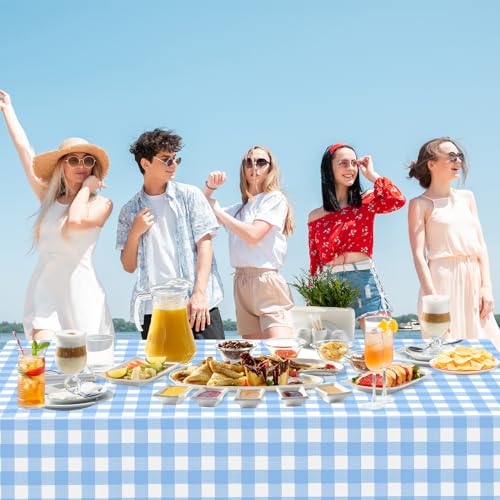 Image of 2 Pack Light Blue Gingham Tablecloth Rectangular Pale Blue and White Checkered Tablecloths Disposable Plastic Plaid Table Cover for Parties, Outdoor Picnic, Birthday, Wedding, Camping 54 x 108 Inch