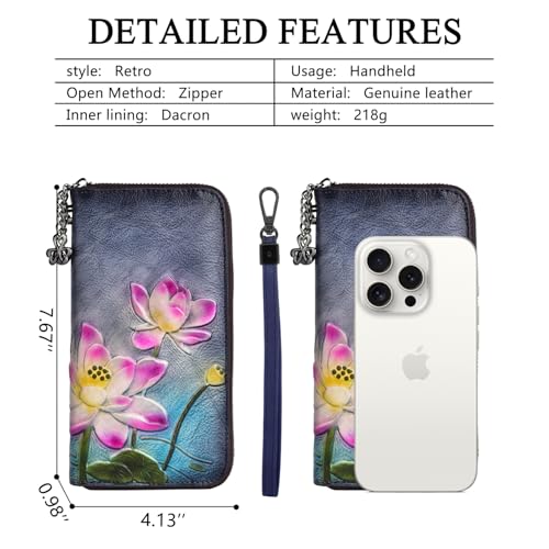 Image of Wallet Genuine Leather for Women - with RFID Blocking Card checkbook ID Slot Large Capacity Vintage style (lotus black)