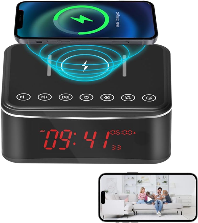 Security Camera Motion Activated/Stronger Night Vision/160View Angle/HD 1080P,Indoor WiFi Camera with Bluetooth Speaker,Alarm Clock,Wireless/Wire Charger(2.4/5Ghz)
