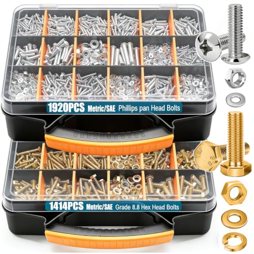 Image of Taiss 3334PCS Nuts and Bolts Assortment Kit SAE & Metric Phillips Head Bolts and Grade 8.8 Metric Hex Bolt Set,39 Sizes Hardware Assortment Kit with Assorted,Matching Nuts and Washers