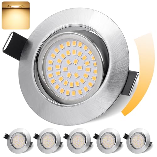 GeyouLux LED Einbaustrahler 230V Dimmbar 68mm 6W IP44 LED Spots 45° Schwenkbar 3000K Warmweiß Deckenspots für Badezimmer Küche Wohnzimmer Einbauspots Flach Einbauleuchten Nickel 6er set